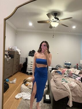 Shein Blue Two-Piece Strapless Crop Top & Skirt Set